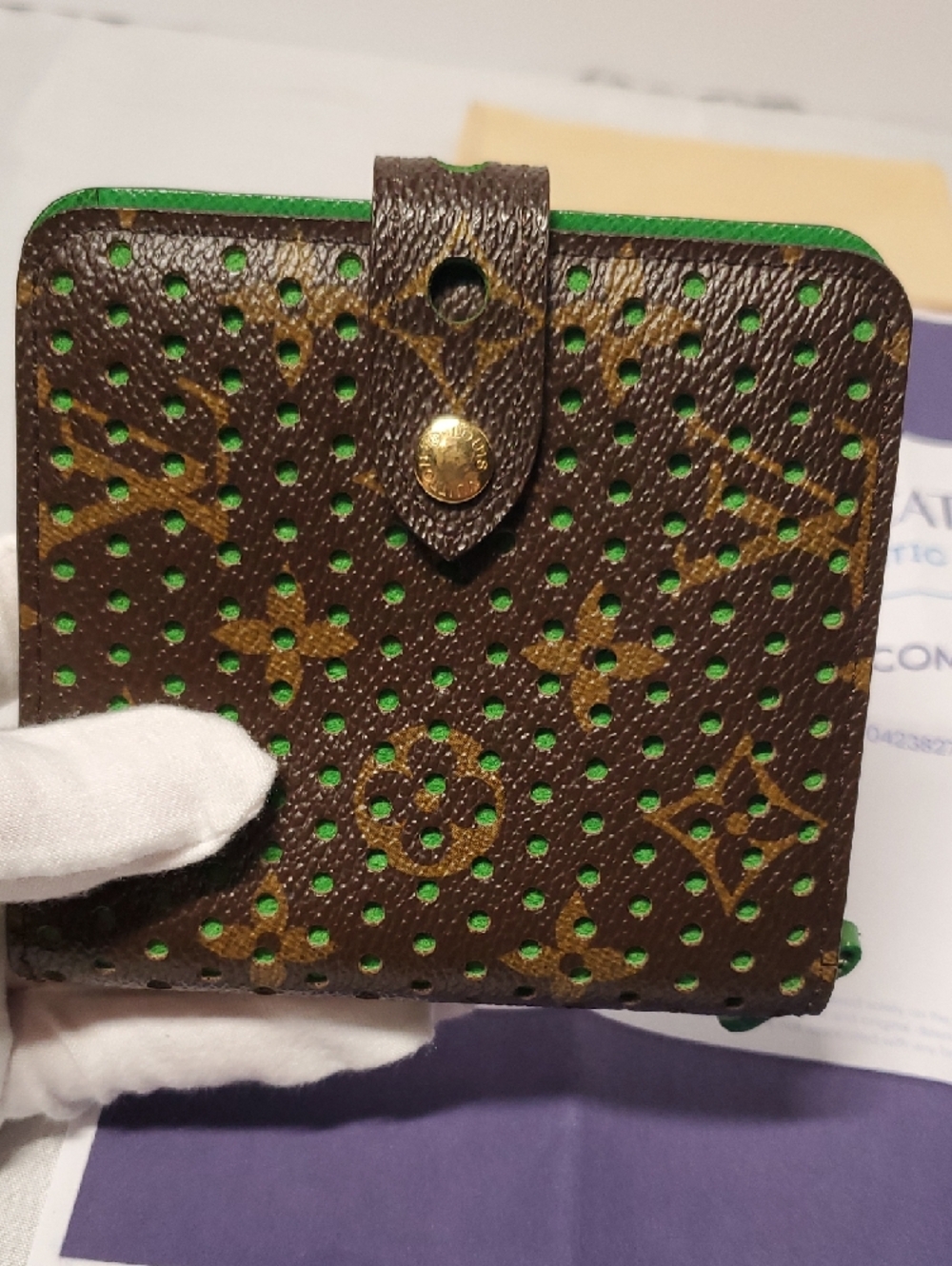 Authentic Louis Vuitton Brown Monogram Wallet with Green Accents - Picture 8 of 16
